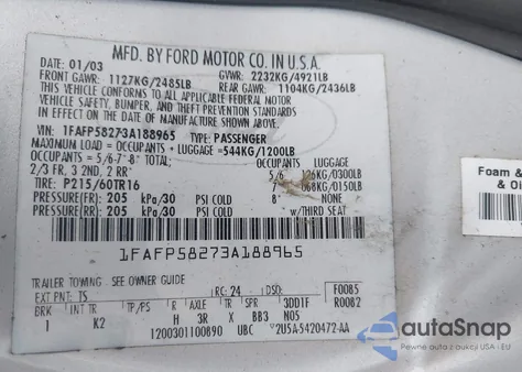 2003 Ford Taurus Se from USA, damaged, VIN 1FAFP58273A188965